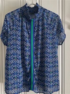 Blue Floral Short-Sleeve Blouse with Smocked Neck